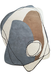 Abstract modern hand-tufted wool rug with grey and brown shapes.